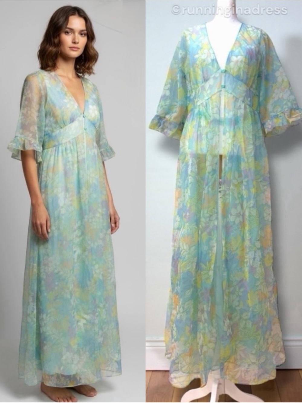 Vintage 70s Floral Chiffon Maxi Dress Duster Kimono Angel Sleeve Layered Boho M